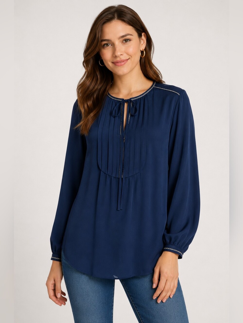 4 Love & Liberty Johnny Was 100% Silk Pintuck Keyhole Top Blouse Tunic XS Navy